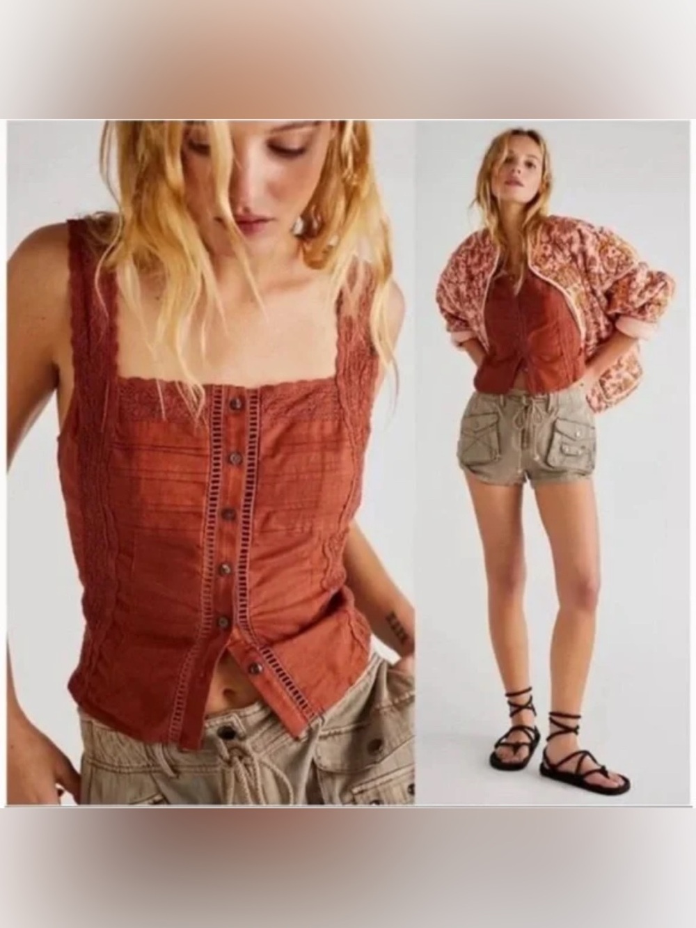 Free People Maggie Lace Button-Front Square-Neck Tank Terracotta M